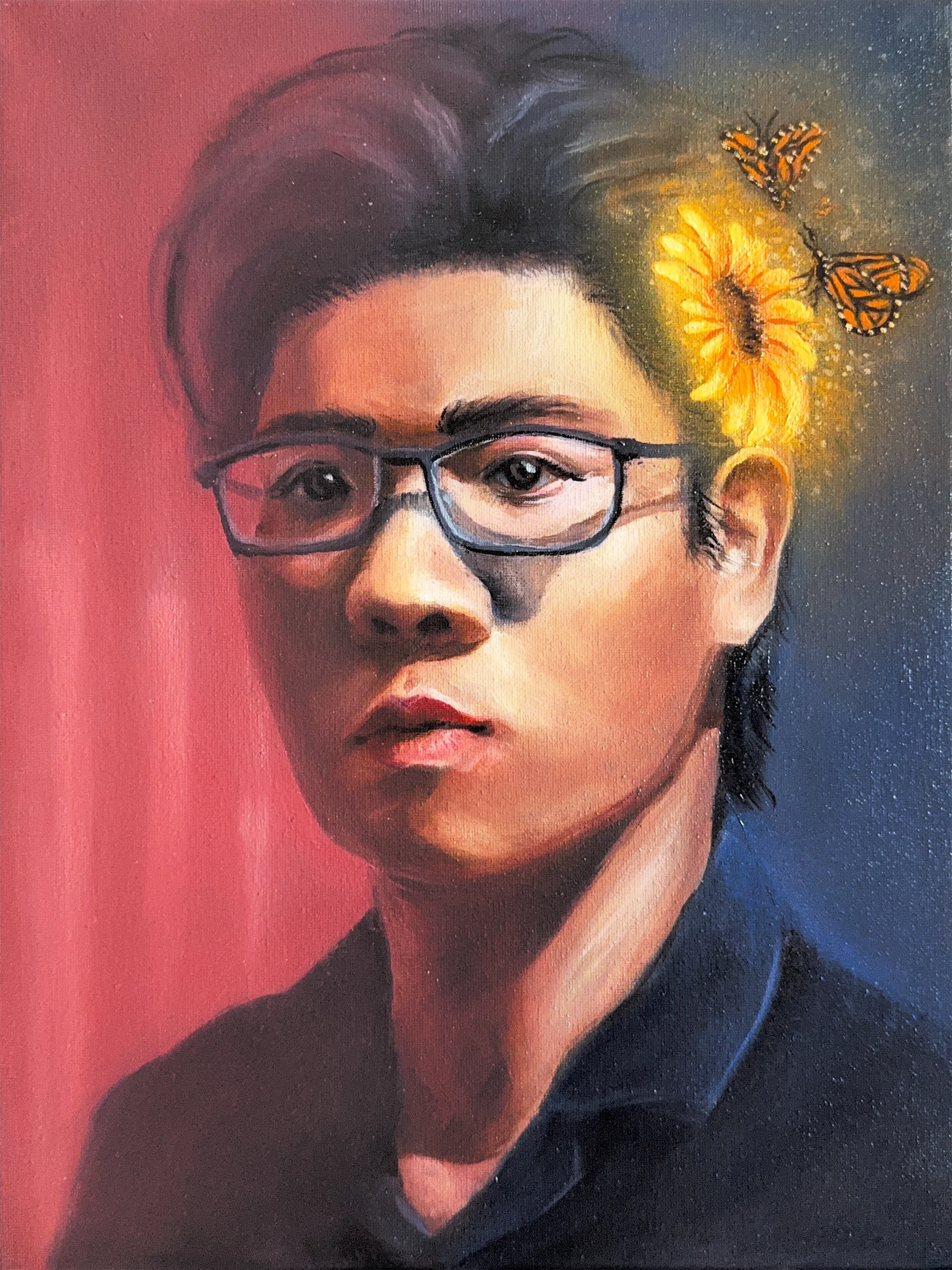 Finished Young Man With Sunflower, the oil self-portrait in glasses on a red ground with a glowing sunflower tucked behind the ear and two monarch butterflies lifting away from it.
