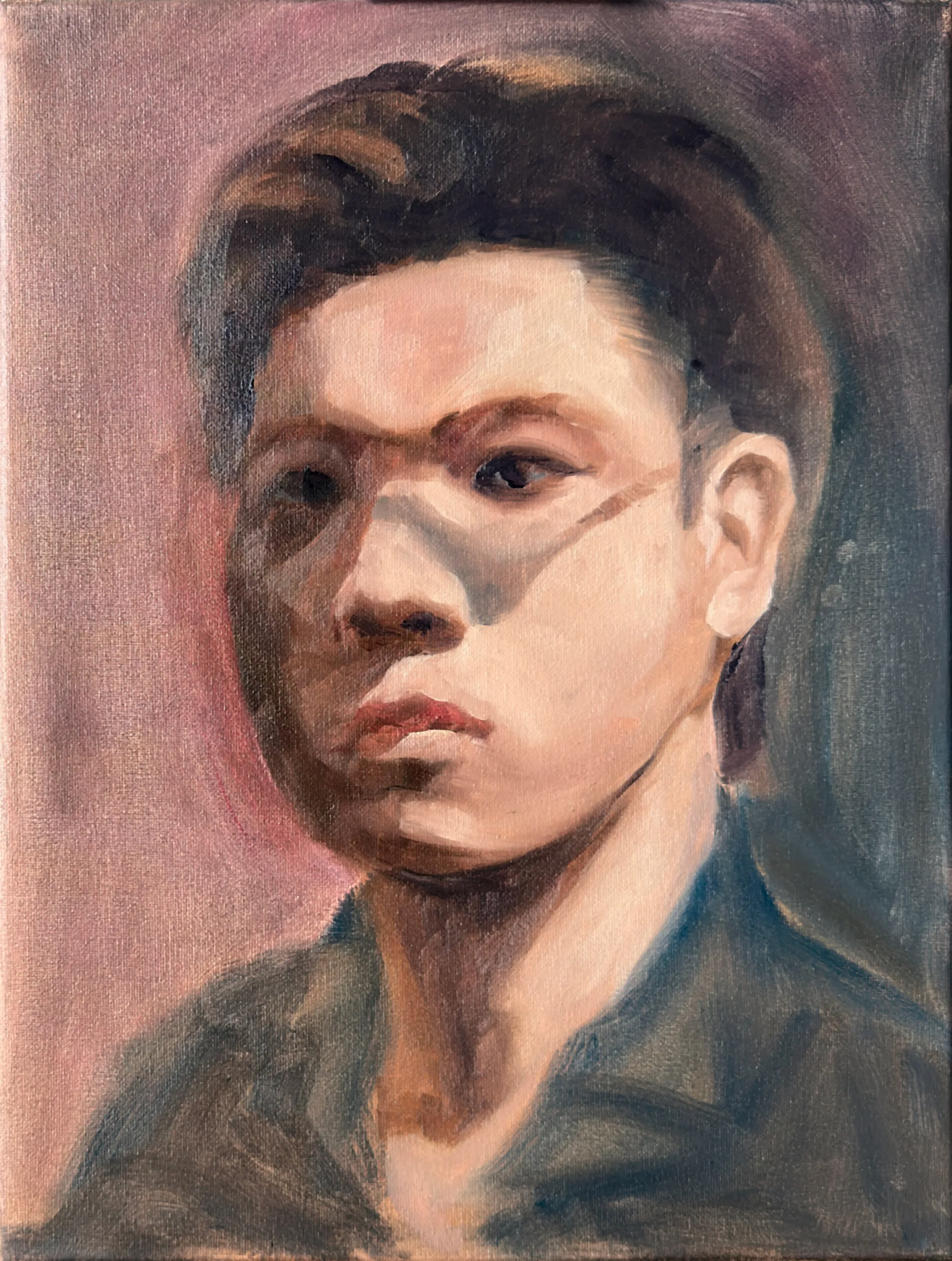 First stage of Young Man With Sunflower, the oil self-portrait blocked in flat against a dusty pink ground, before the glasses, the sunflower and the butterflies.