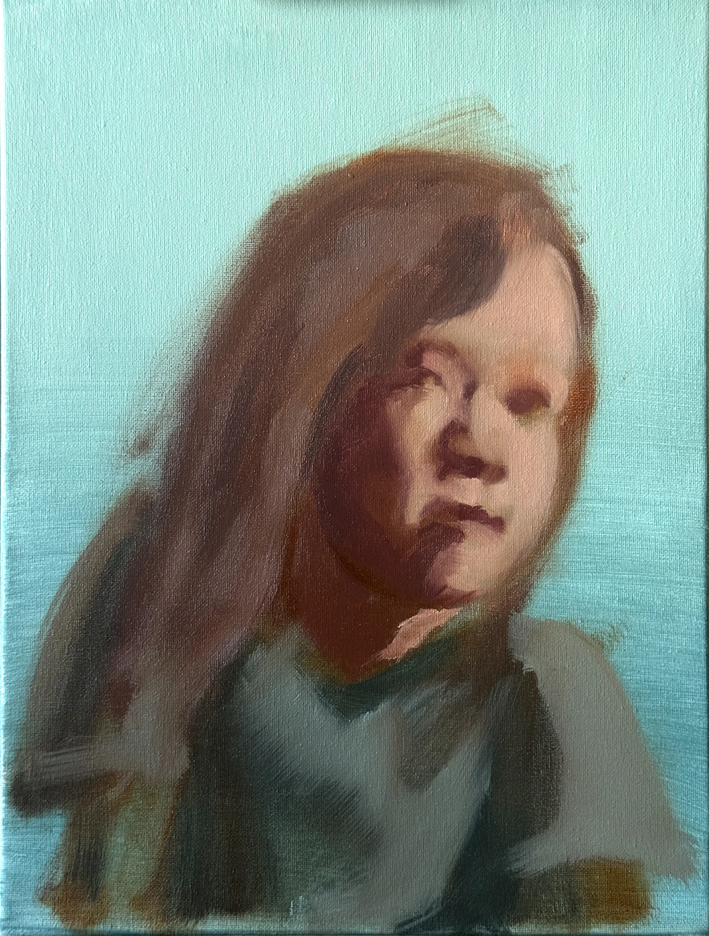 First stage of The Flower Crown On Sister's Hair, the child's head blocked in loosely in oil against a pale turquoise ground, long before the crown.