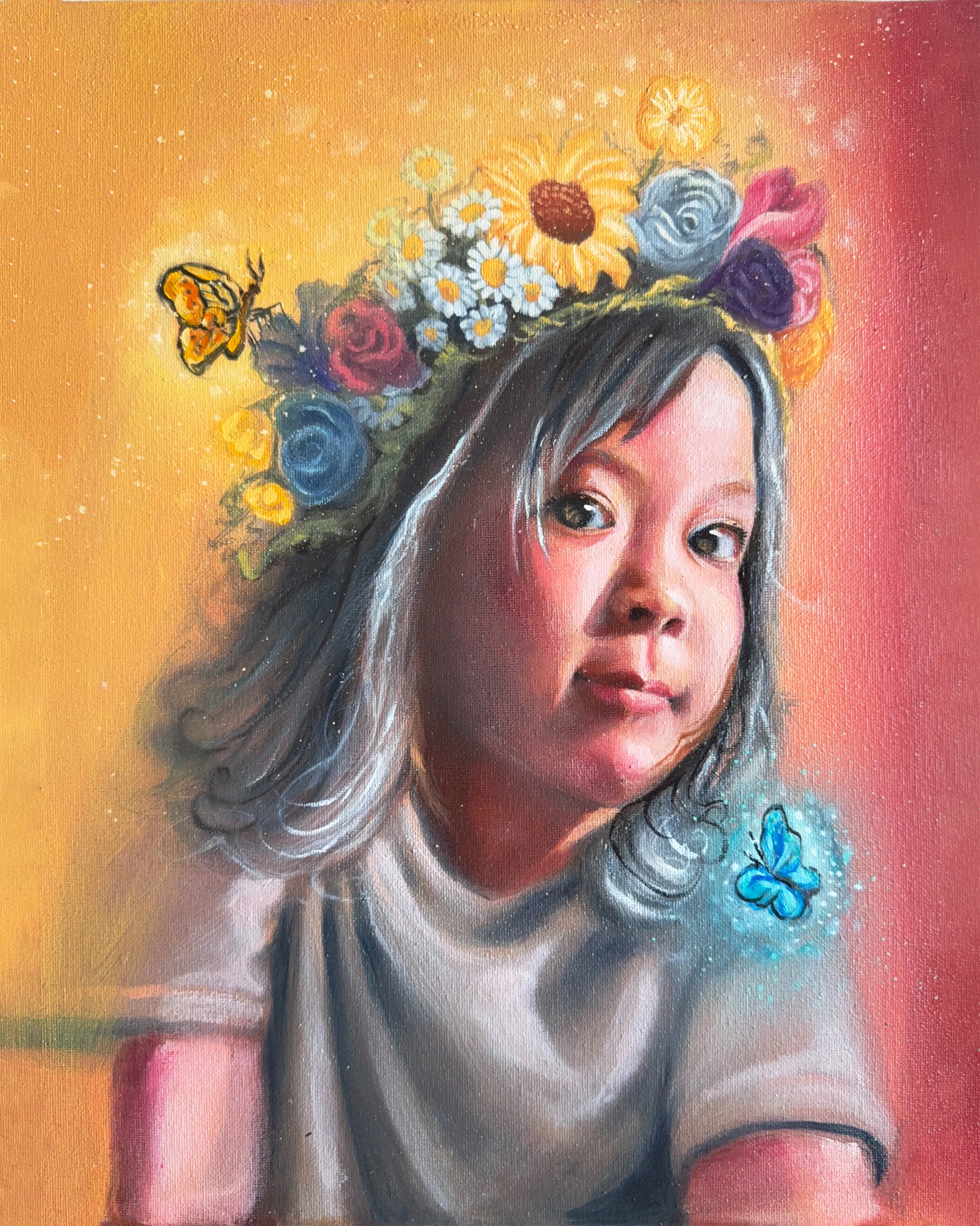 Finished The Flower Crown On Sister's Hair, the girl in a crown of daisies, roses and a sunflower on a warm ground with a butterfly at her shoulder.