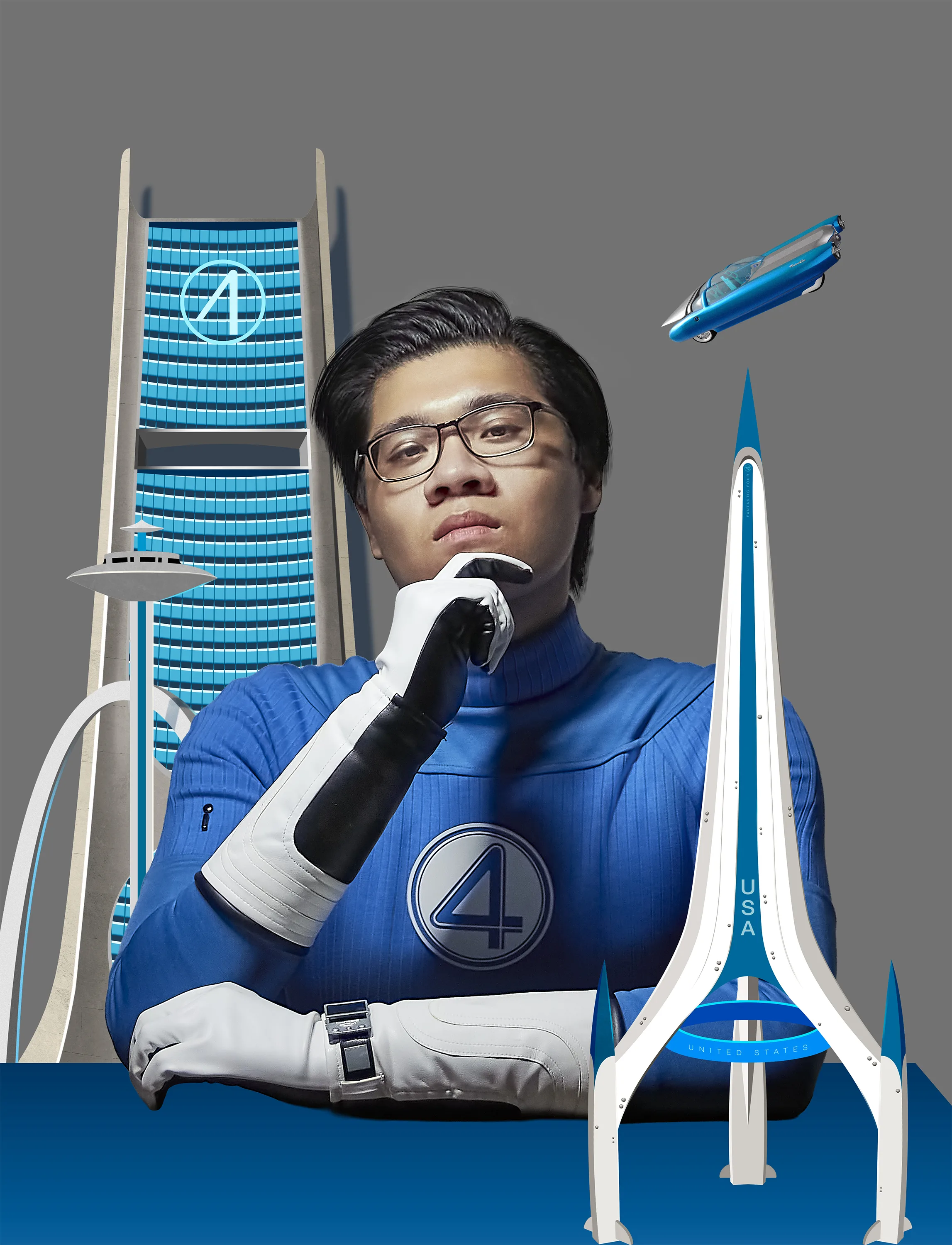 The NY Times Cover composite before colour matching, the figure in the blue Fantastic Four suit cut out against flat grey with the tower, rocket and flying car placed but not yet graded.