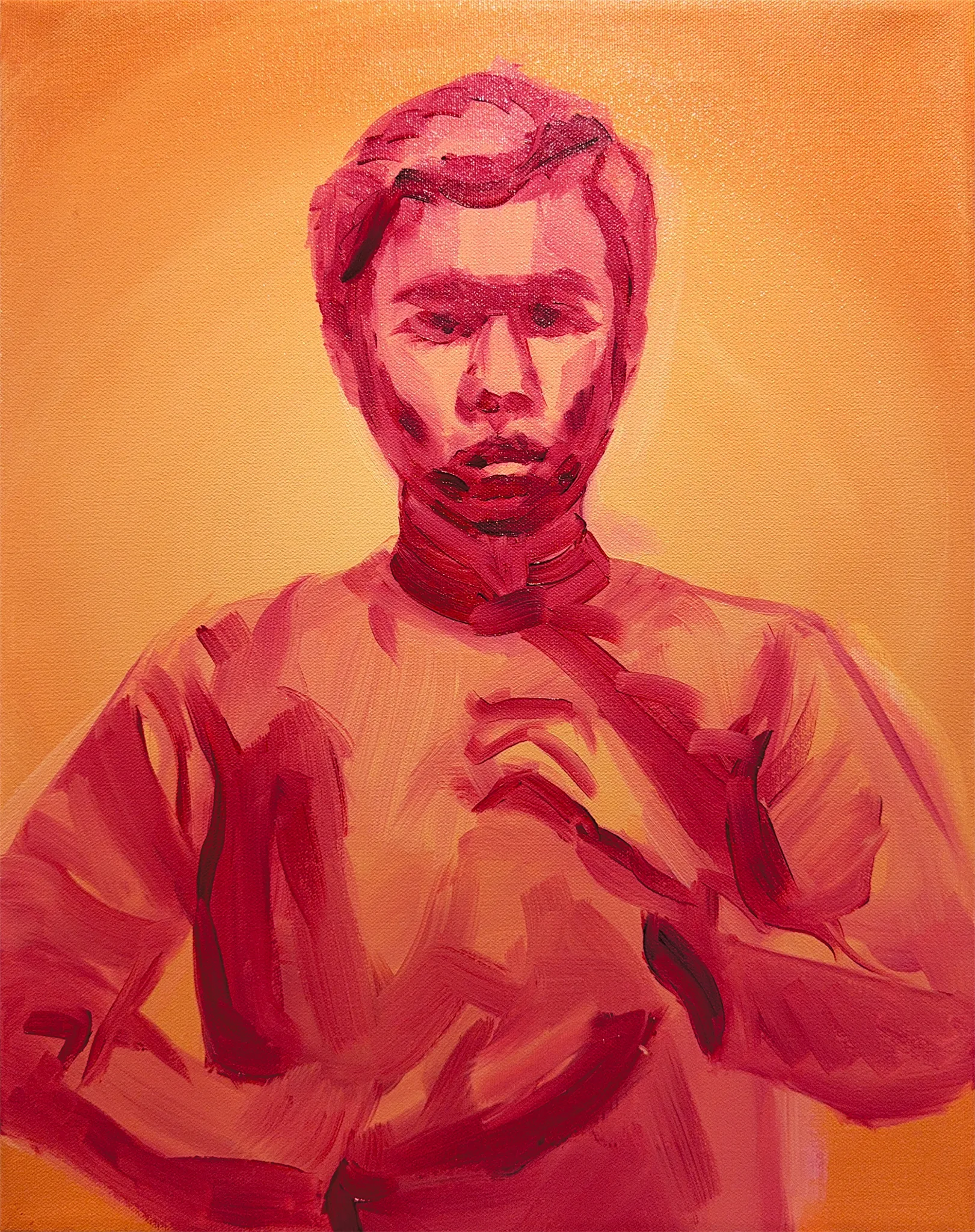 Underpainting stage of the Vietnamese Spirit centre panel, the figure blocked in with loose red brushwork on an orange ground before any other colour went down.
