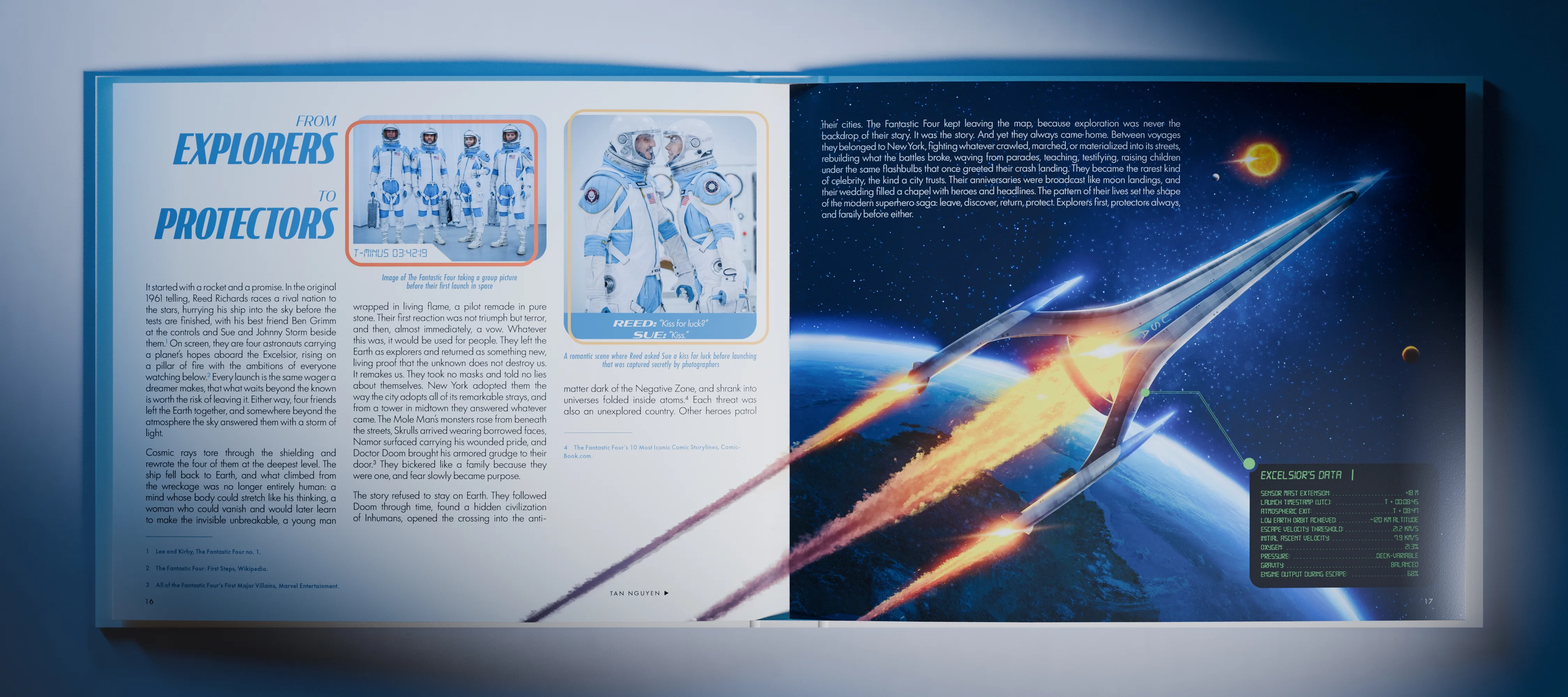 The First Dreams artbook open flat to a spread headed From Explorers to Protectors, with two columns of text, captioned suit diagrams and the Excelsior illustration beside a technical data panel.