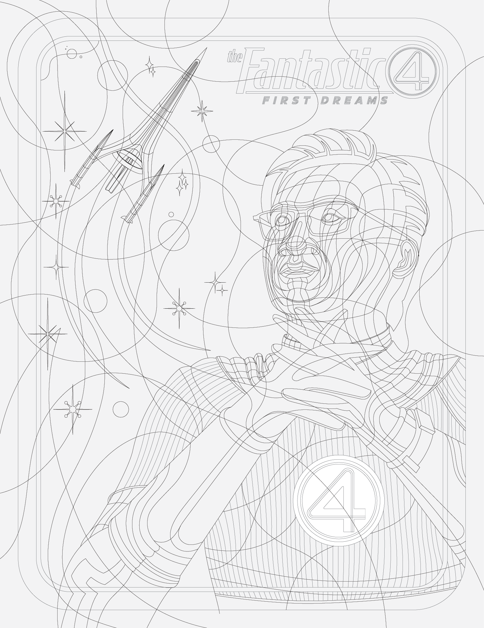 Vector line-art stage with every path drawn as thin grey outlines and no fill, showing the construction of the figure, the craft and the circular guides.