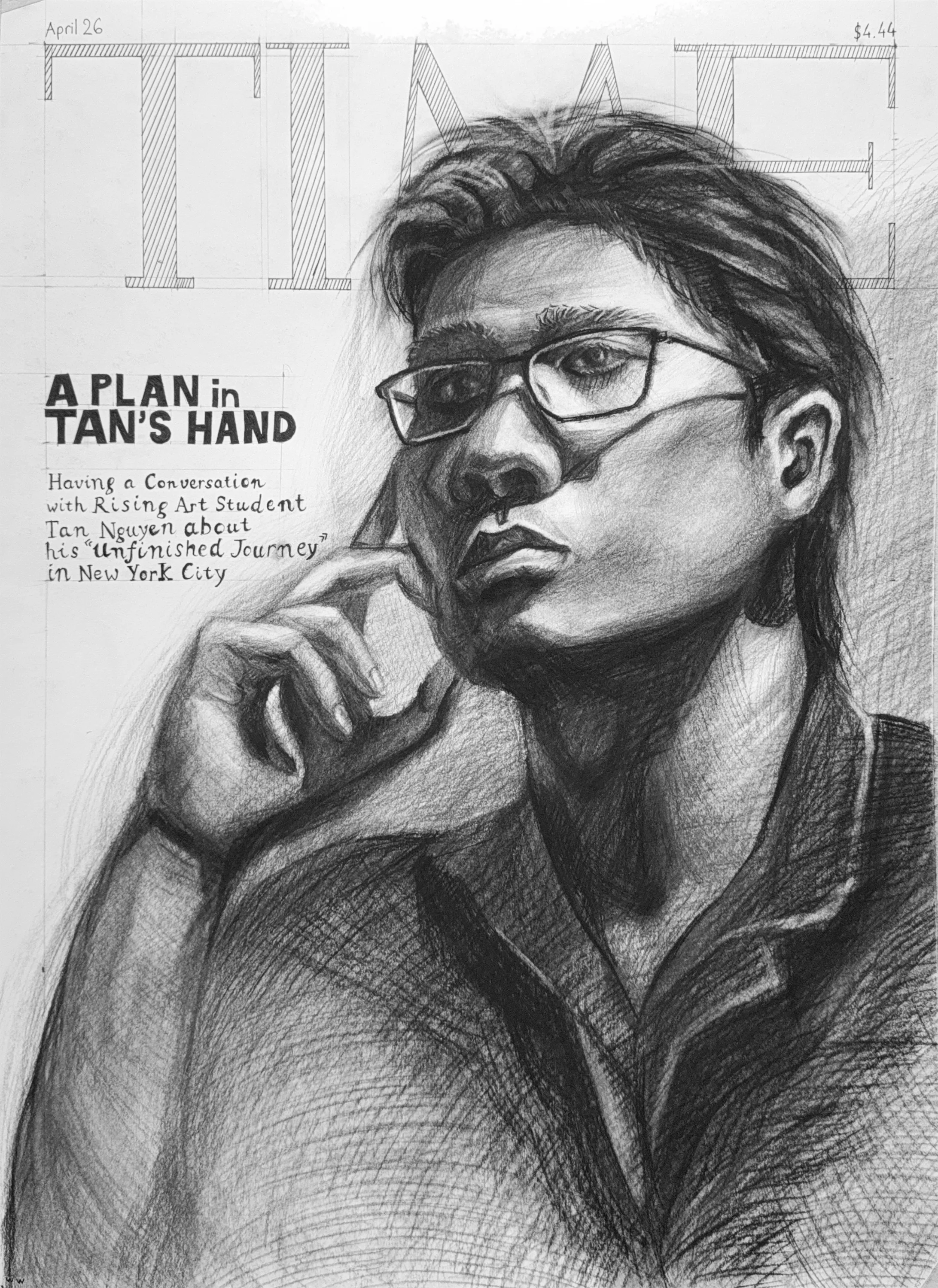 Finished A Plan in Tan's Hand, a charcoal drawing of a mock TIME cover, the masthead ruled in behind the head and the hand-lettered headline A Plan in Tan's Hand at the left.