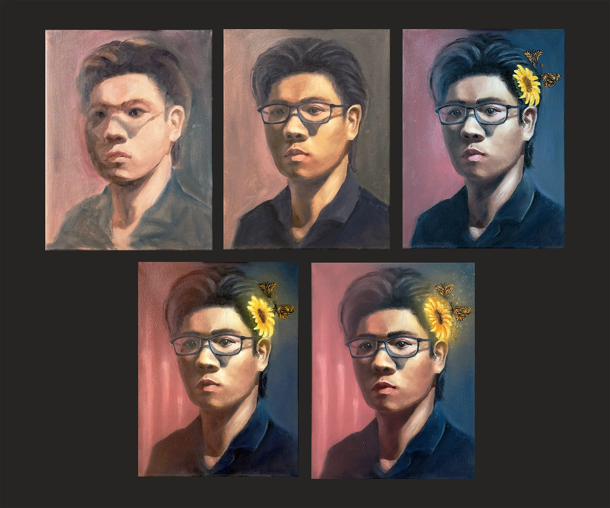 Five stages of Young Man With Sunflower side by side, from the flat block-in through the added glasses and sunflower to the finished portrait with butterflies.