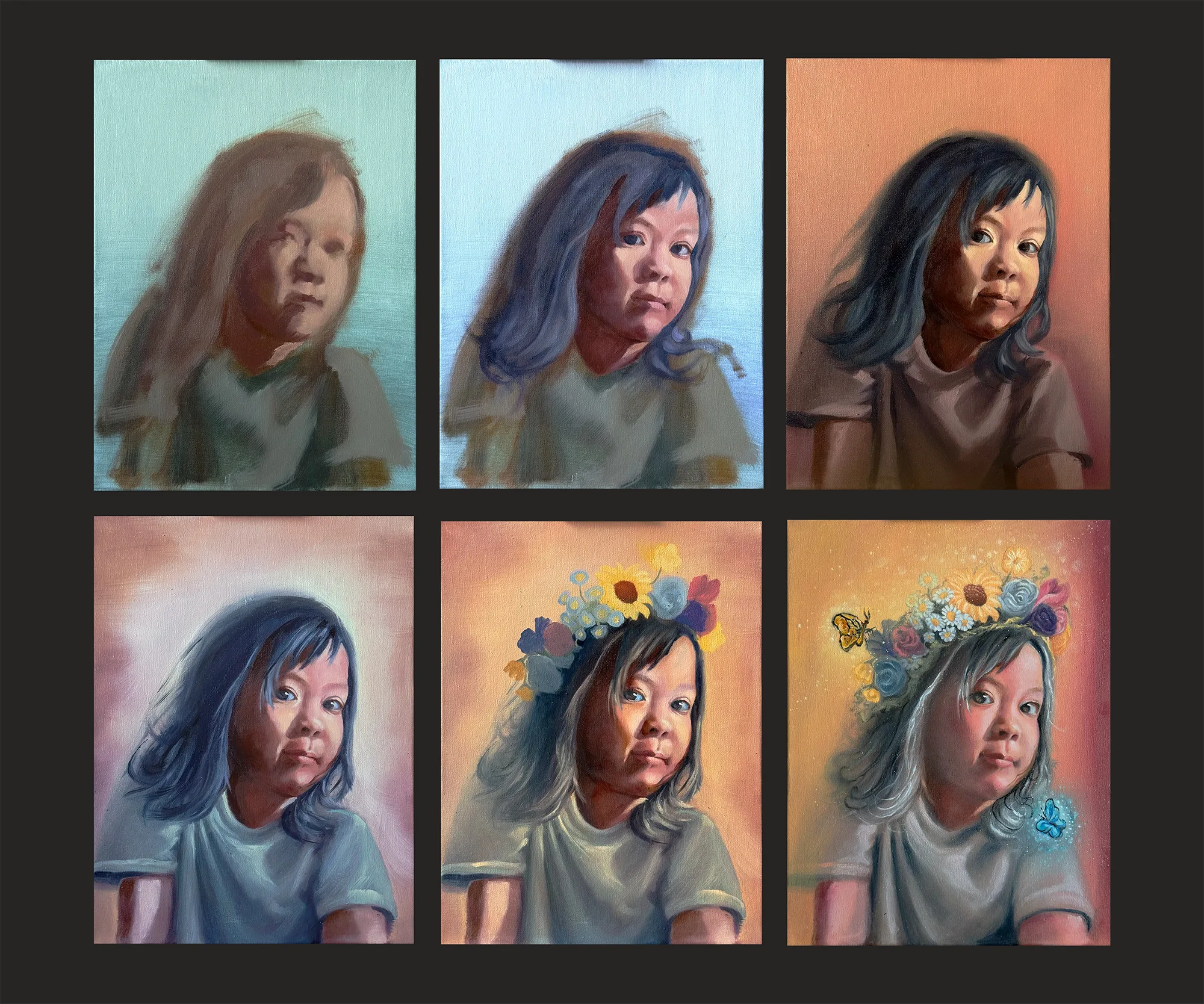 Six stages of The Flower Crown On Sister's Hair, from a pale block-in on turquoise through warmer grounds to the finished flower crown and butterfly.