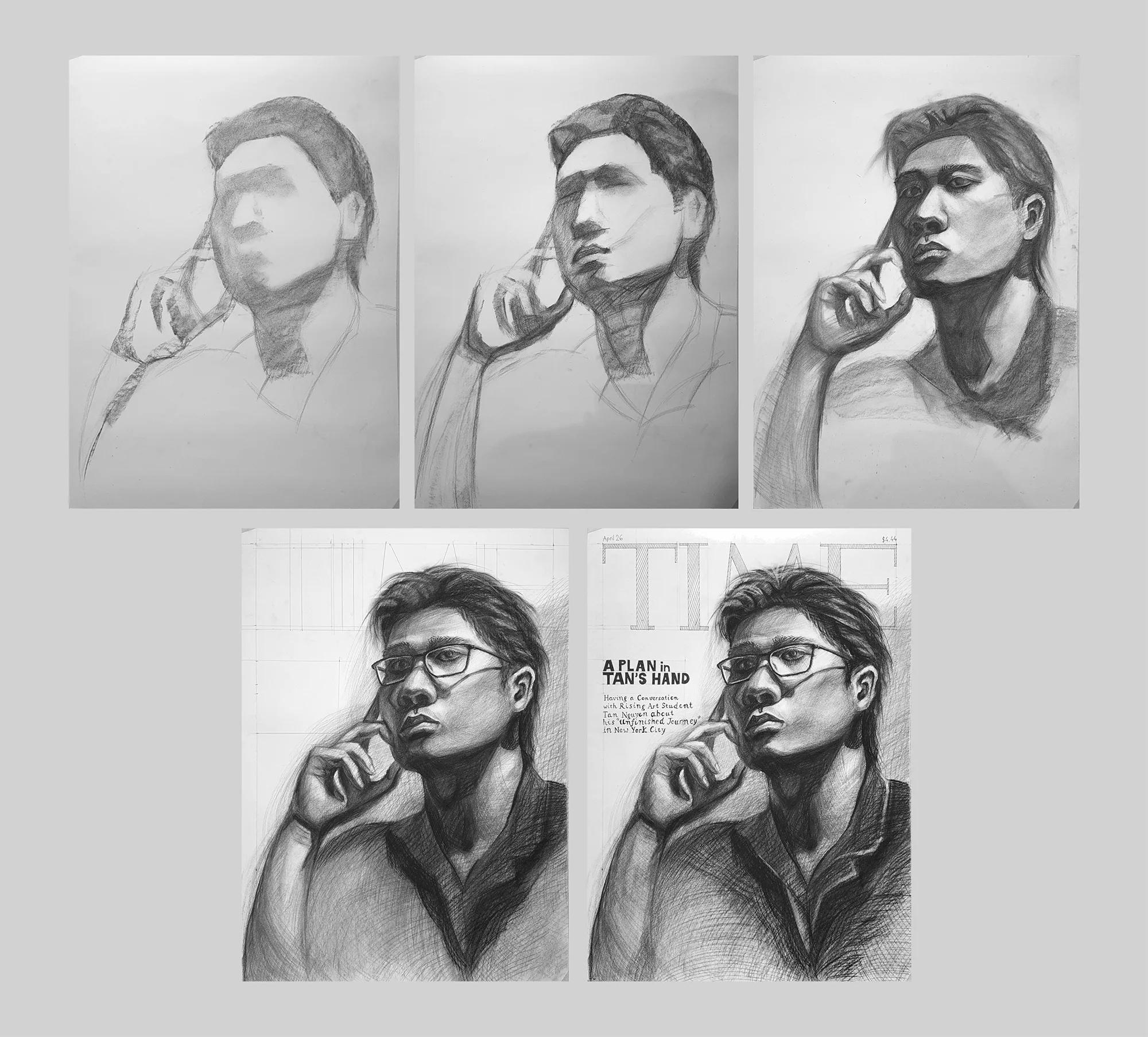 Five stages of A Plan in Tan's Hand, from a loose graphite sketch through fuller charcoal modelling to the ruled TIME masthead and the finished lettered cover.