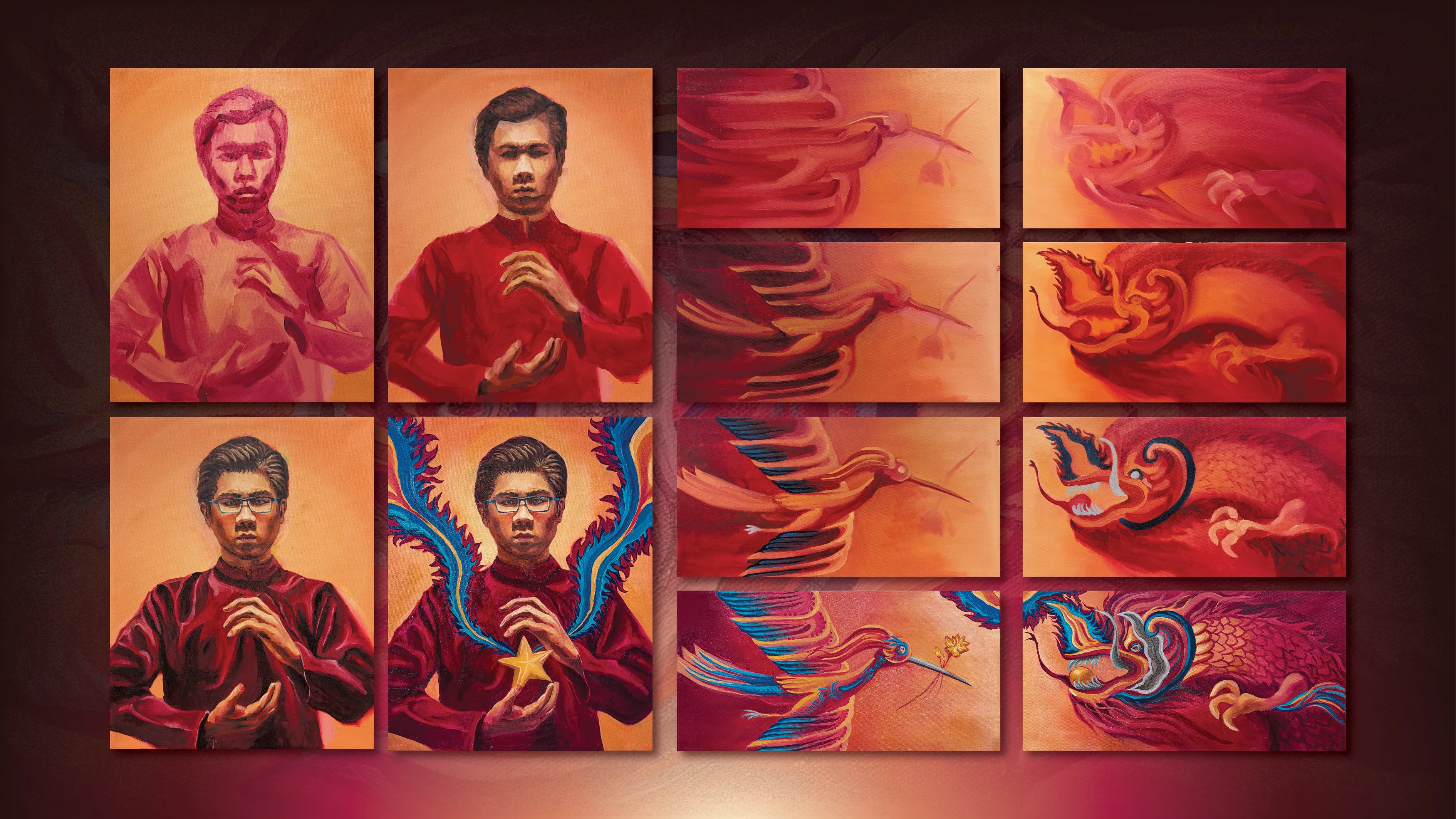 Process sheet for Vietnamese Spirit, four stages of the centre panel down the left and the Lac bird and dragon side panels built up in stages at the right.