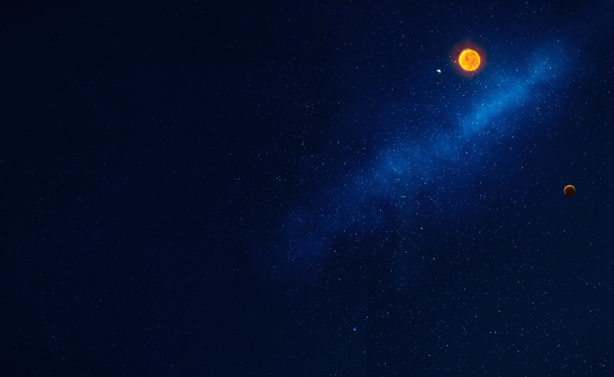 Outer space scene with a glowing orange sun and three planets of different colors against a dark star-filled background with a blue nebula-like cloud.