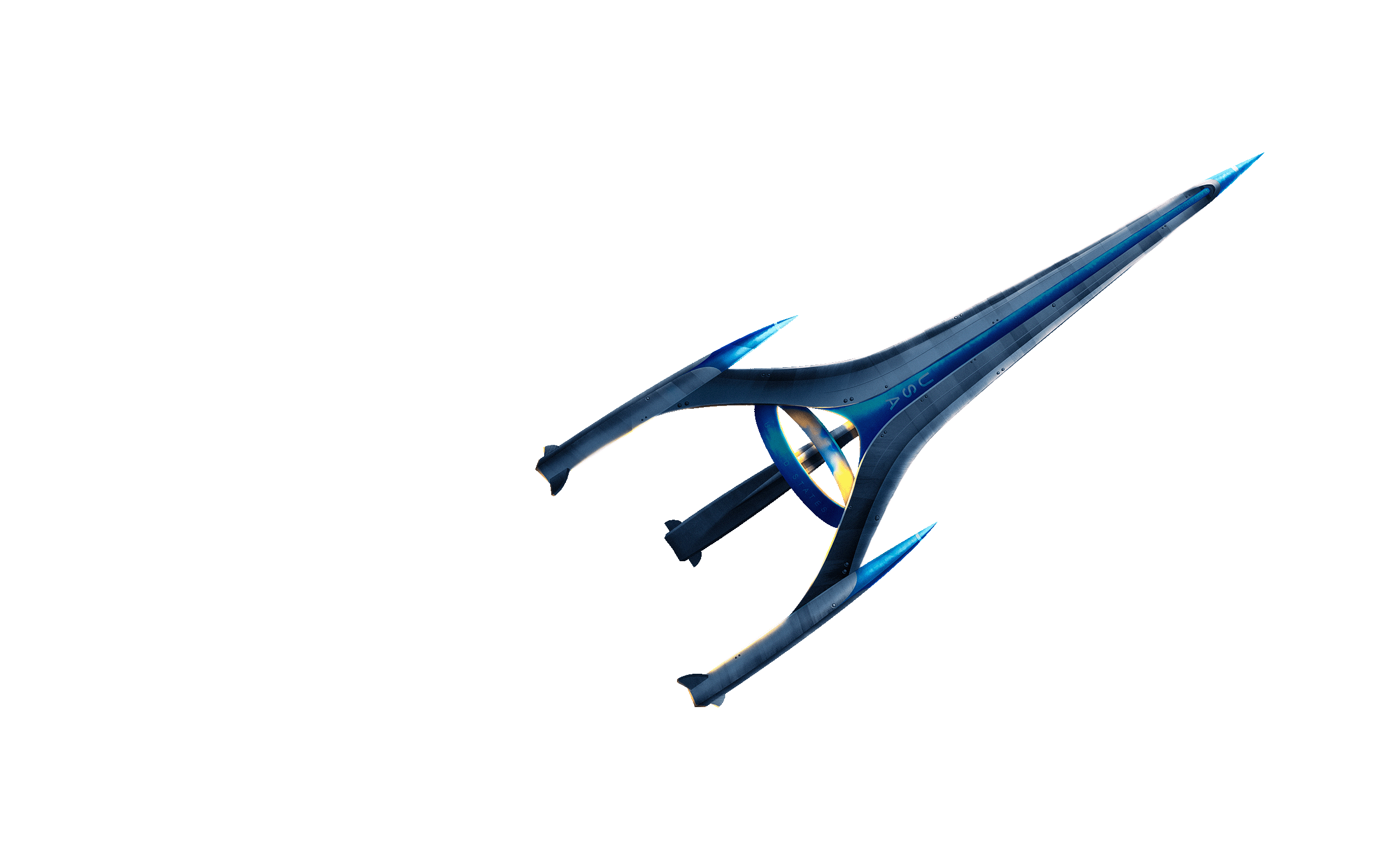 Futuristic sleek spaceship with a pointed nose and three elongated arms extending from a central circular hub, set against a white background.