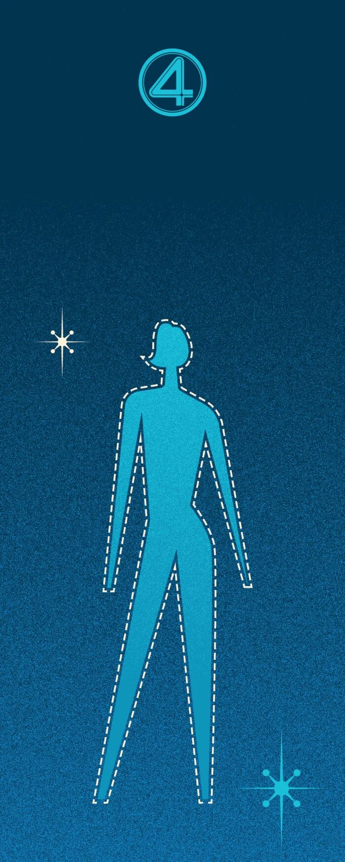 Invisible Woman drawn as a flat figure inside a coloured panel, from the contents page of the book.