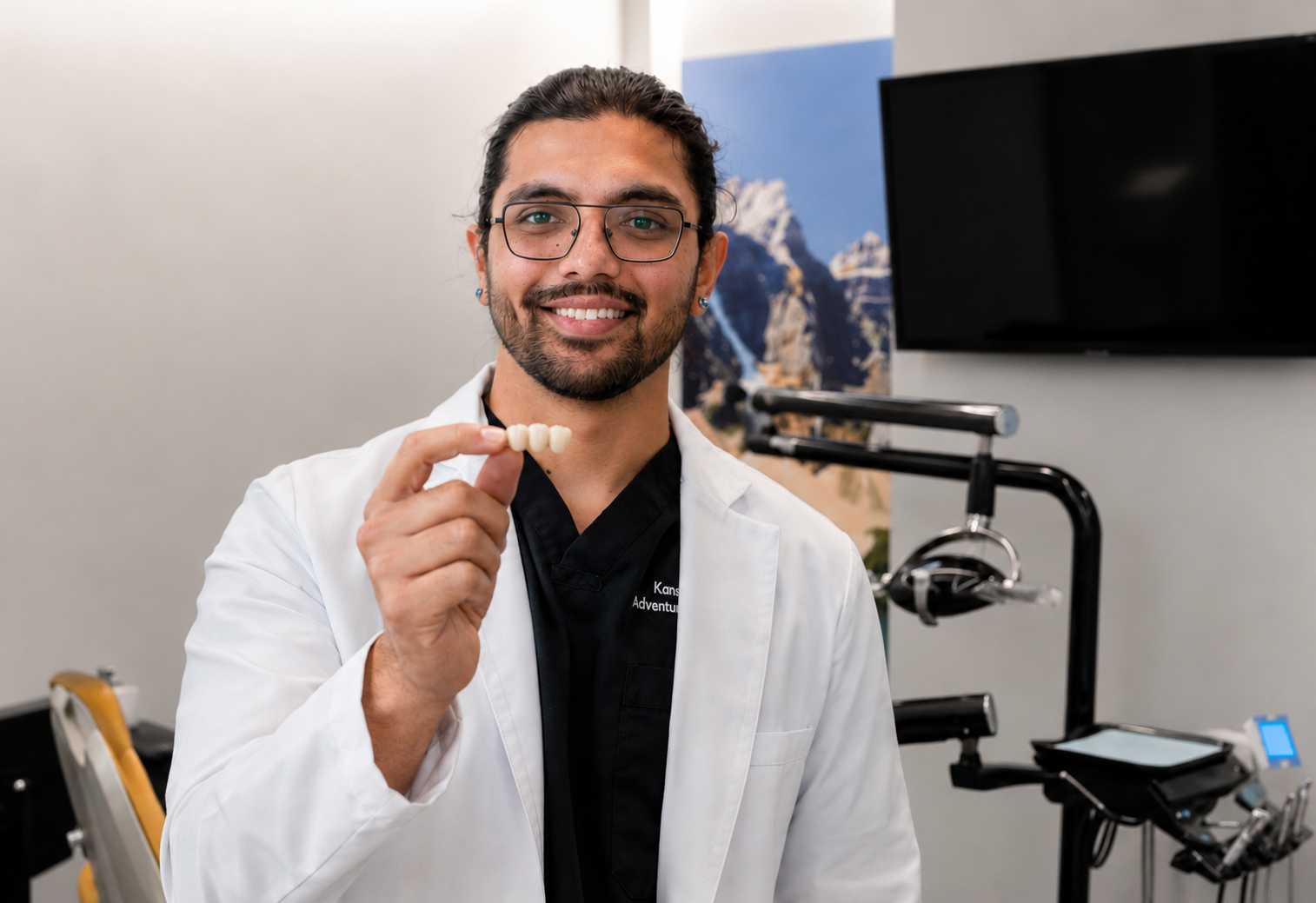 Dr. Karnik Shah, prosthodontist, smiling and holding a dental prosthetic crown in a modern dental treatment room, wearing a white lab coat and glasses, with dental equipment visible in the background