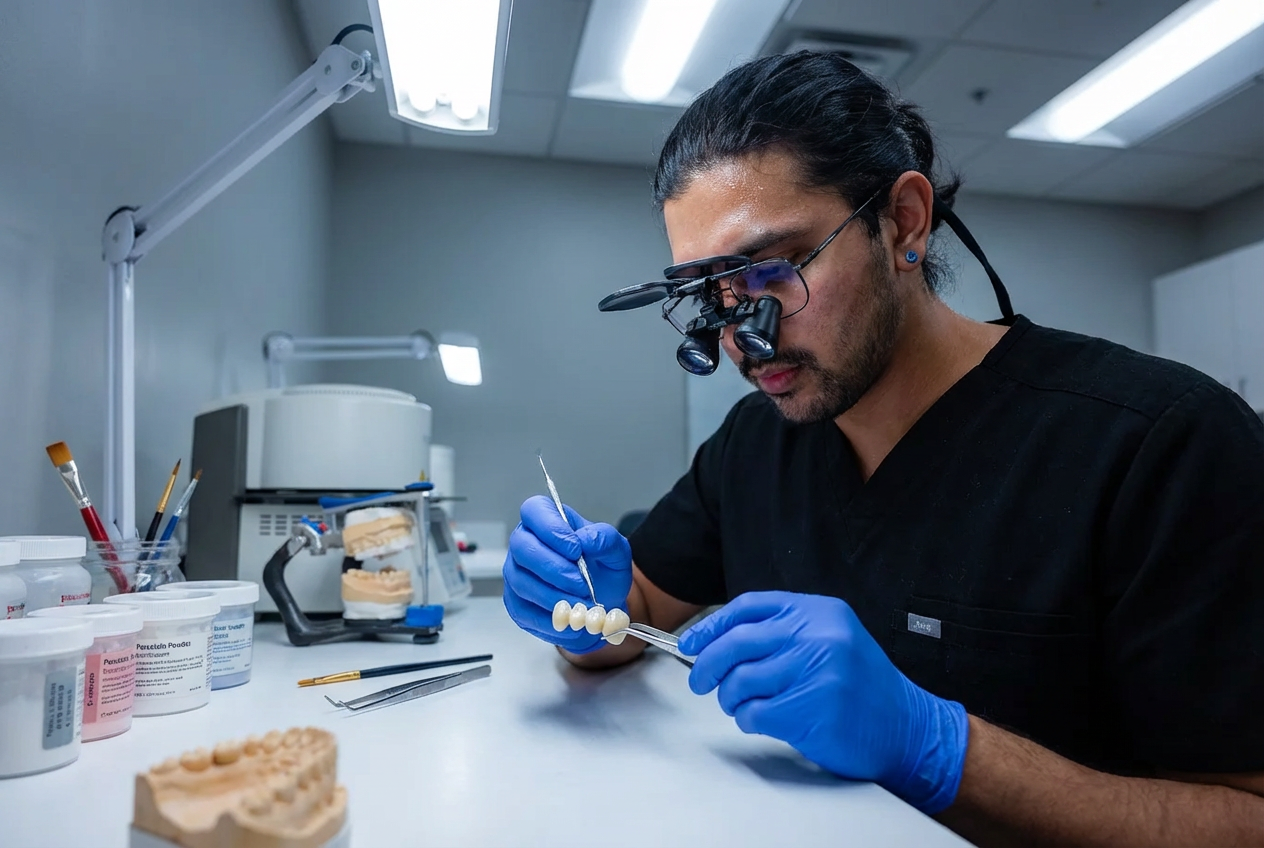 Dr. Karnik Shah examining a dental bridge under magnification loupes at a dental lab workstation at Comfydent Smiles in Bee Cave, TX.