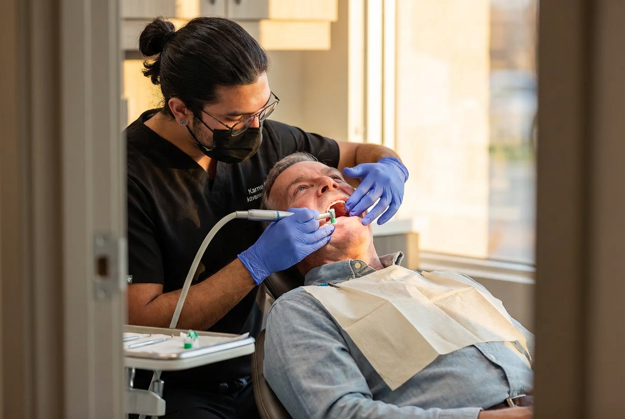 Dr. Karnik Shah performing a dental procedure on a male patient at Comfydent Smiles, with natural light coming through the treatment room window.