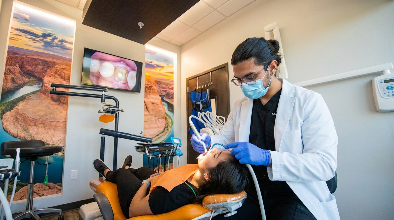 Dr. Karnik Shah performing a dental procedure on a patient at Comfydent Smiles in Bee Cave, TX, with a tooth image displayed on the monitor overhead.