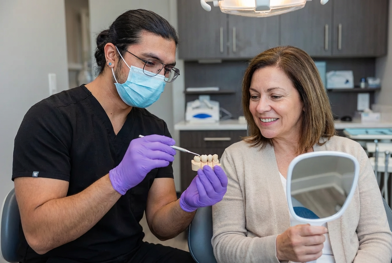 2:20 PMClaude responded: Dr.Dr. Karnik Shah showing a dental bridge model to a smiling patient holding a hand mirror at Comfydent Smiles in Bee Cave, TX.