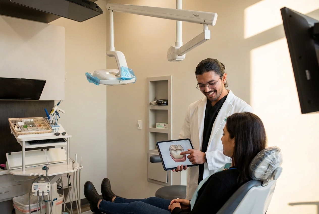 Dr. Karnik Shah showing a 3D tooth model on a tablet to a female patient seated in the treatment chair at Comfydent Smiles in Bee Cave, TX.