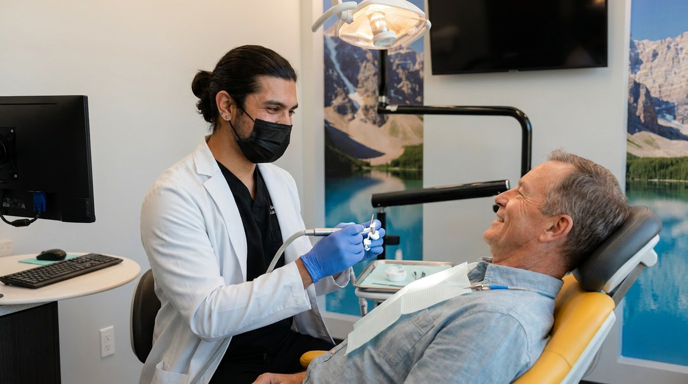 Dr. Karnik Shah holding a dental tool and speaking with a smiling male patient seated in the treatment chair at Comfydent Smiles in Bee Cave, TX.