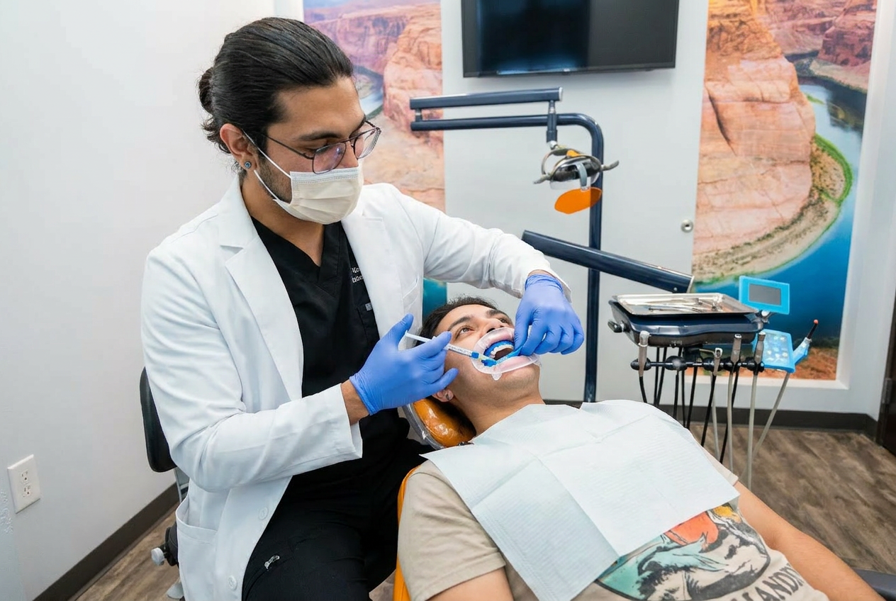 Dr. Karnik Shah applying composite resin to a male patient's tooth during a dental filling appointment at Comfydent Smiles in Bee Cave, TX.