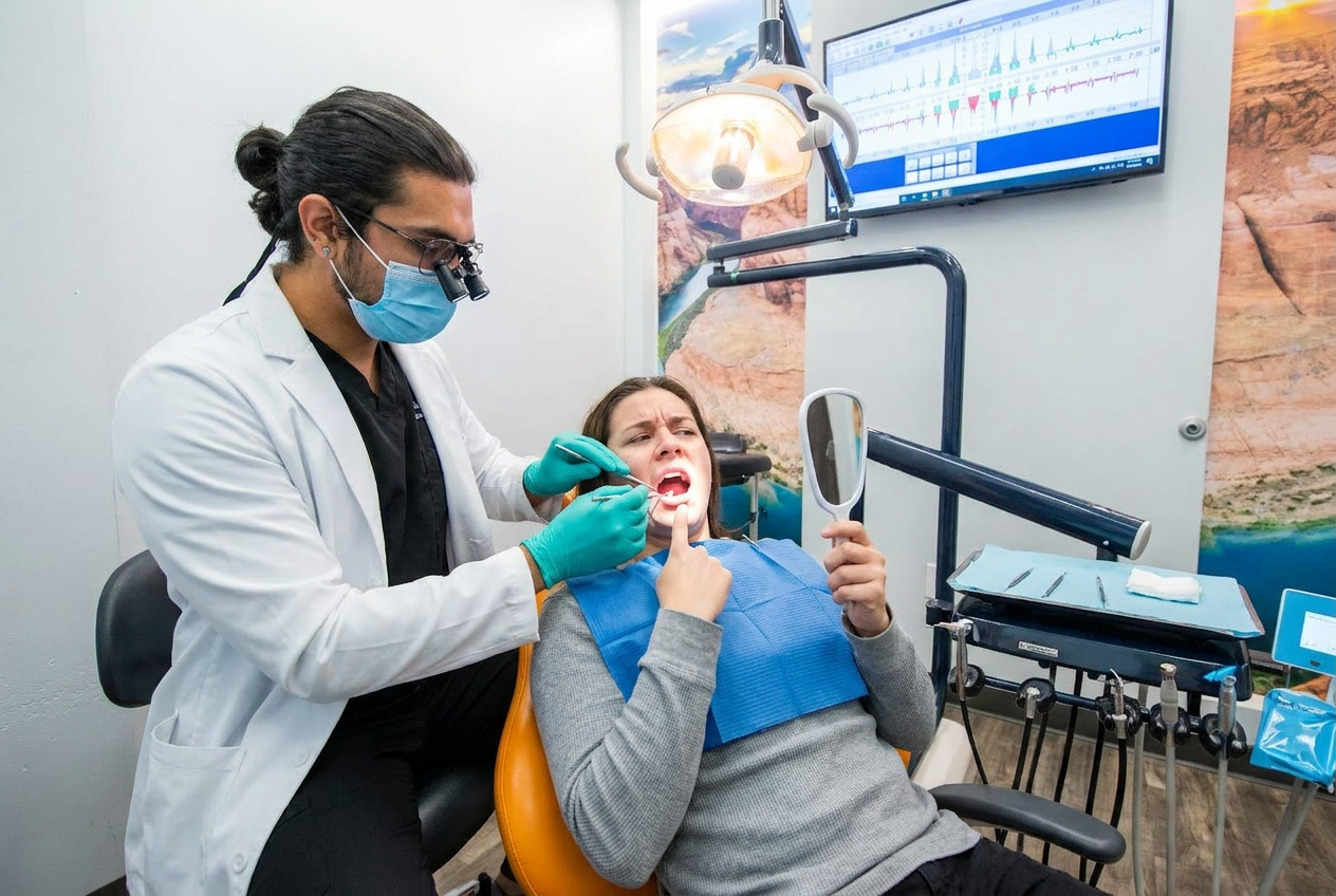 Dr. Karnik Shah examining a female patient's teeth during a dental filling procedure at Comfydent Smiles in Bee Cave, TX.