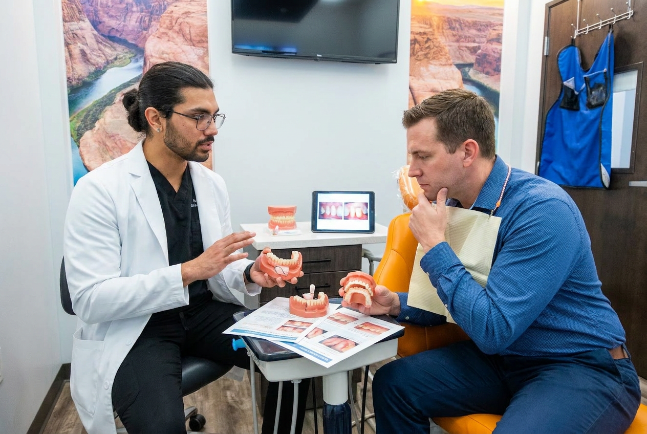 Dr. Karnik Shah reviewing dental models with a male patient during a filling consultation at Comfydent Smiles in Bee Cave, TX.