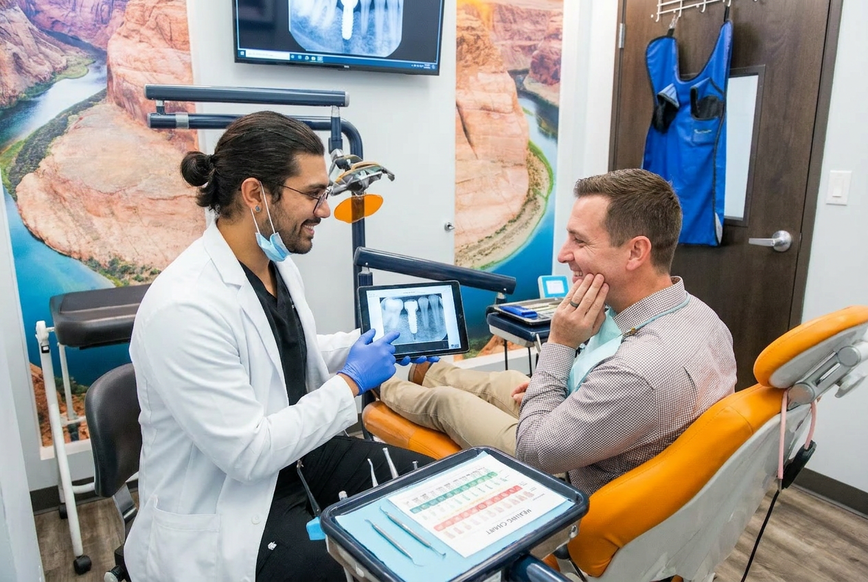 Dr. Karnik Shah reviewing a dental implant x-ray on a tablet with a smiling male patient at Comfydent Smiles in Bee Cave, TX.