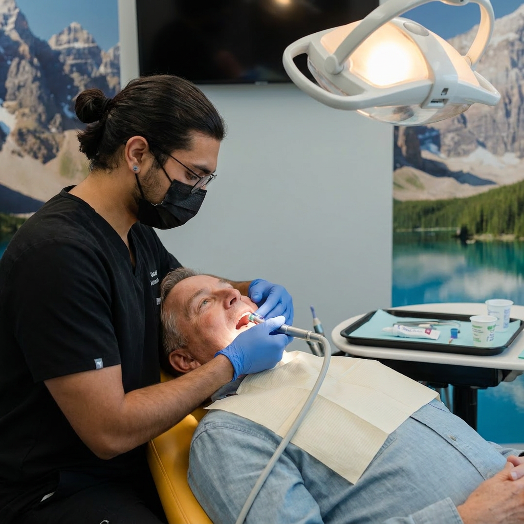 Dr. Karnik Shah performing a dental procedure on a male patient under treatment lighting at Comfydent Smiles in Bee Cave, TX.