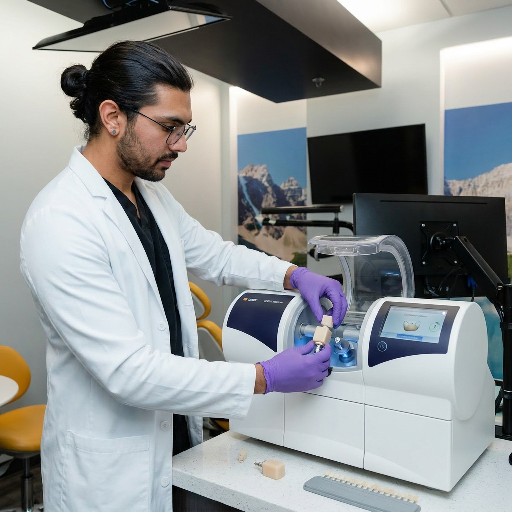 Dr. Karnik Shah operating a CAD/CAM milling machine to fabricate a dental restoration at Comfydent Smiles in Bee Cave, TX.