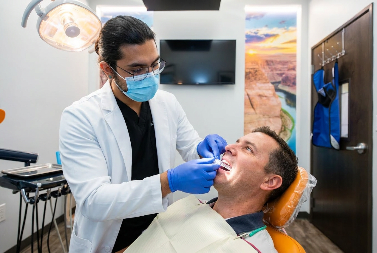 Dr. Karnik Shah fitting an Invisalign aligner on a smiling male patient in the treatment chair at Comfydent Smiles in Bee Cave, TX.