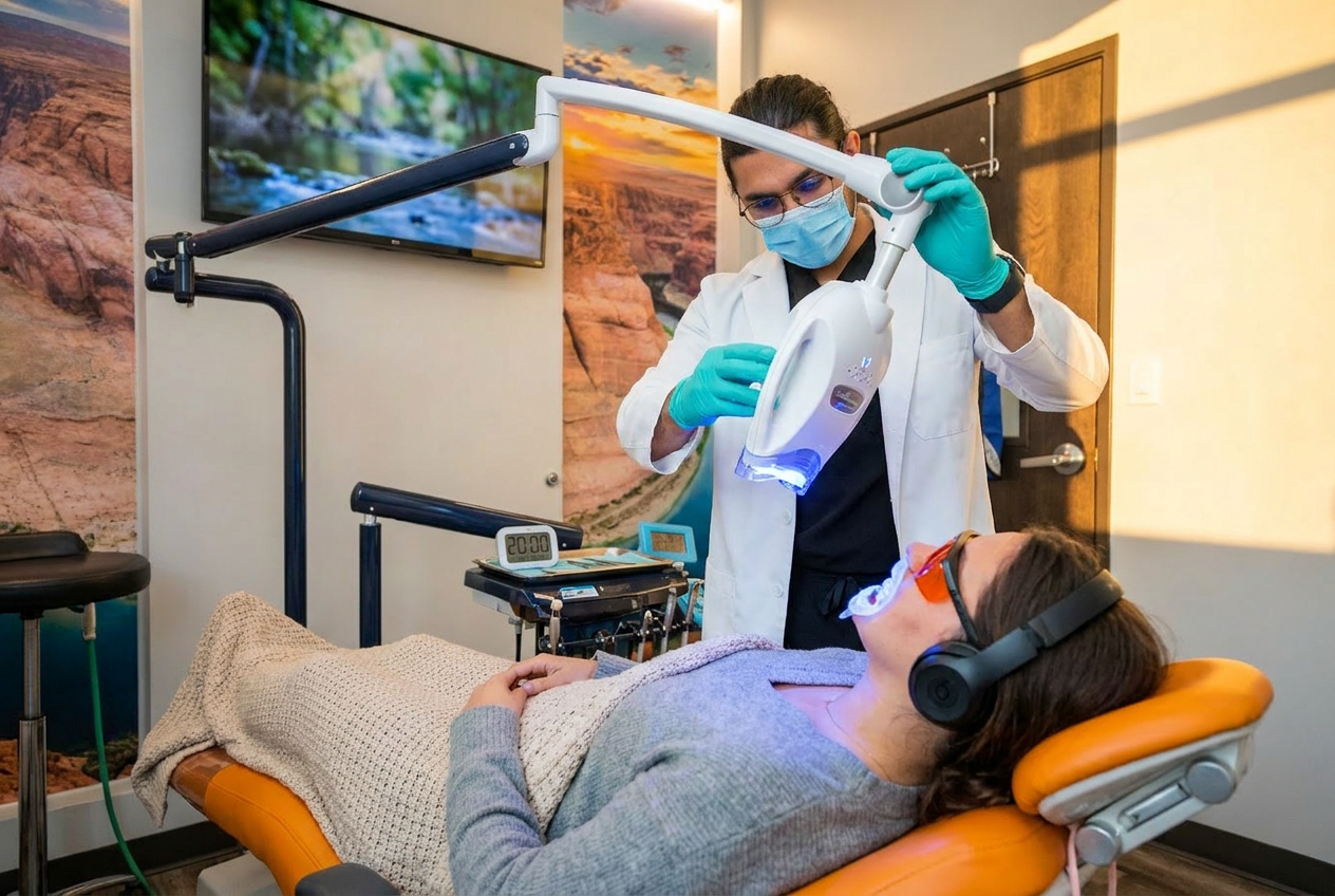 Dr. Karnik Shah applying an LED whitening light to a female patient wearing protective glasses and headphones during a whitening session at Comfydent Smiles in Bee Cave, TX.