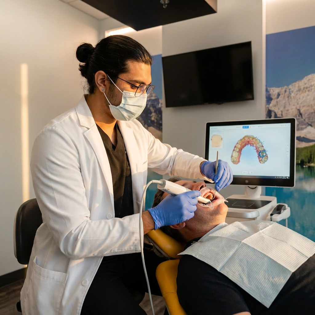 Dr. Karnik Shah taking a digital intraoral scan of a male patient with a 3D dental arch model visible on screen at Comfydent Smiles in Bee Cave, TX.