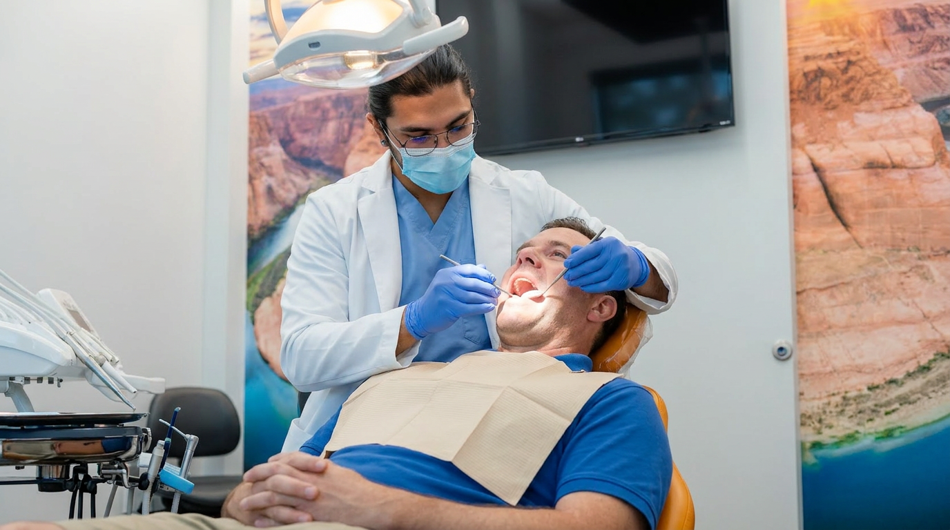 Dr. Karnik Shah performing a dental exam on a male patient under a treatment light at Comfydent Smiles in Bee Cave, TX.
