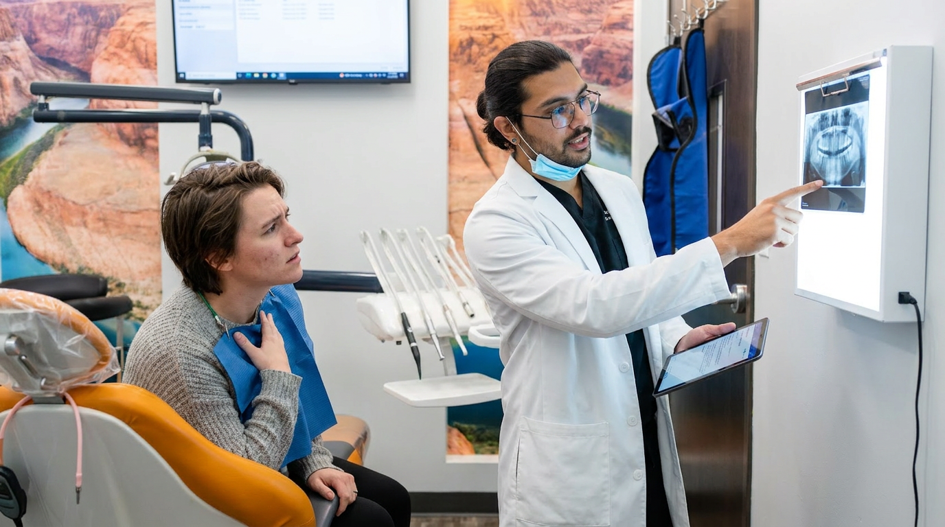 Dr. Karnik Shah pointing to an x-ray on a light box while explaining findings to a female patient during an oral cancer screening visit at Comfydent Smiles in Bee Cave, TX.