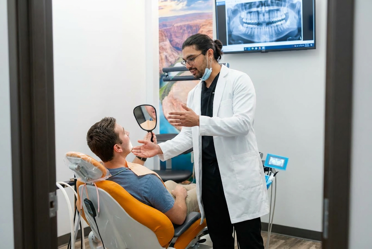 Dr. Karnik Shah handing a hand mirror to a male patient and explaining exam findings with a full mouth x-ray visible on screen at Comfydent Smiles in Bee Cave, TX.