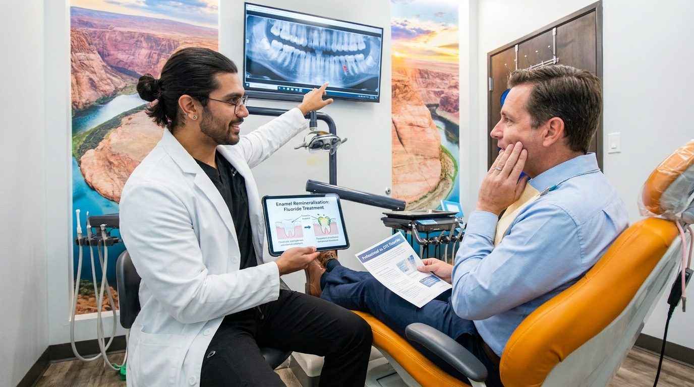Dr. Karnik Shah showing a fluoride treatment diagram on a tablet and pointing to an x-ray on screen while consulting with a male patient at Comfydent Smiles in Bee Cave, TX.