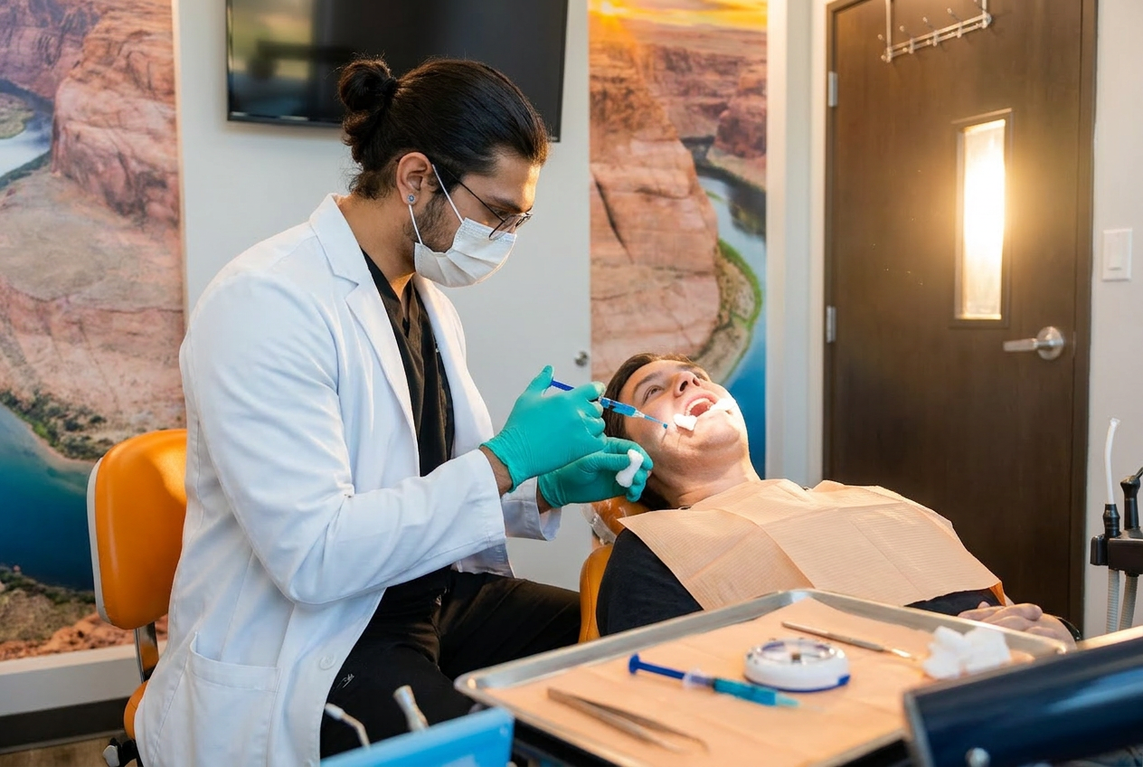 Dr. Karnik Shah applying a dental treatment to a male patient's tooth with instruments on the tray at Comfydent Smiles in Bee Cave, TX.
