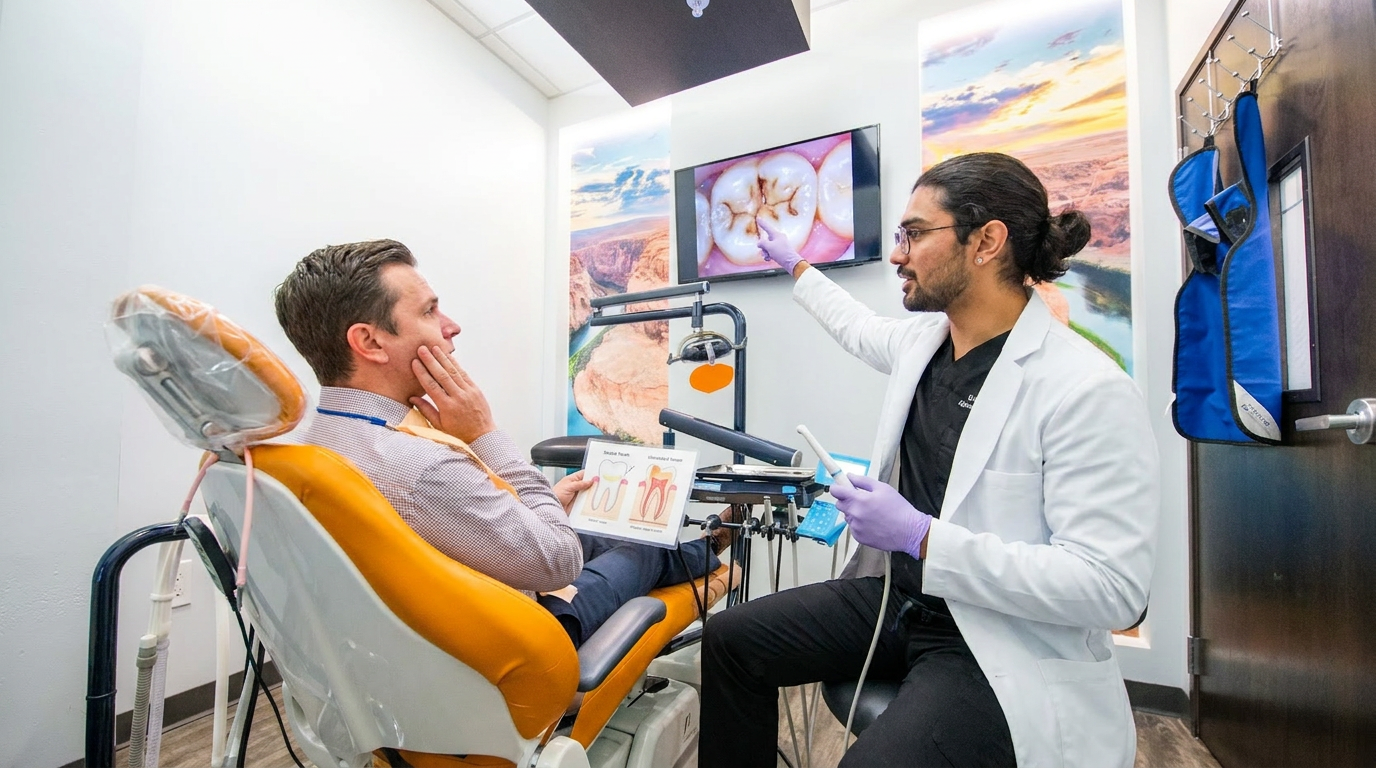Dr. Karnik Shah pointing to a close-up tooth image on a screen and explaining dental decay to a concerned male patient at Comfydent Smiles in Bee Cave, TX.