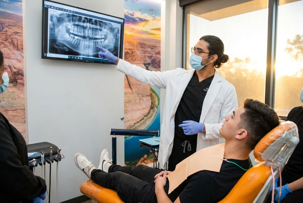 Dr. Karnik Shah pointing to a full mouth x-ray on a wall-mounted screen while reviewing findings with a male patient at Comfydent Smiles in Bee Cave, TX.
