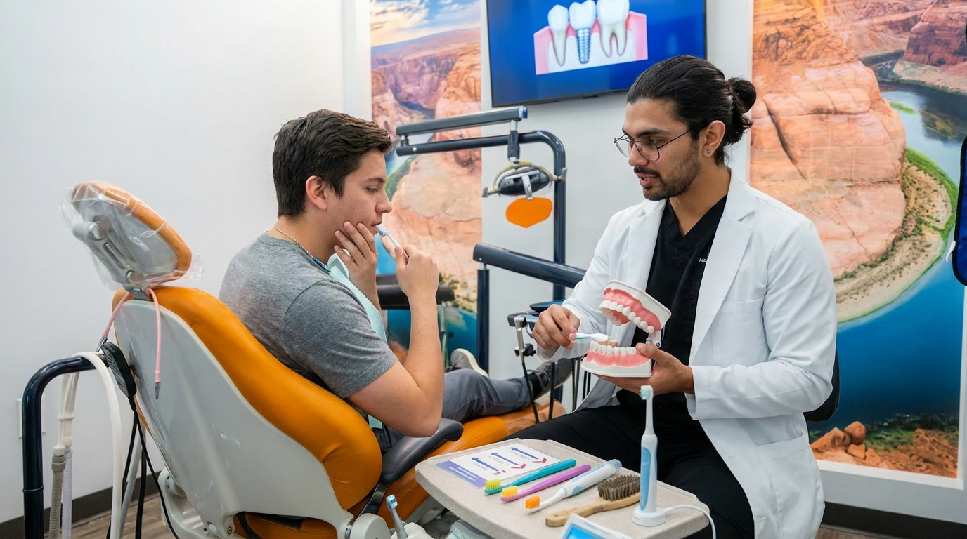 Dr. Karnik Shah demonstrating brushing technique on a dental model while a male patient follows along during an oral hygiene lesson at Comfydent Smiles in Bee Cave, TX.