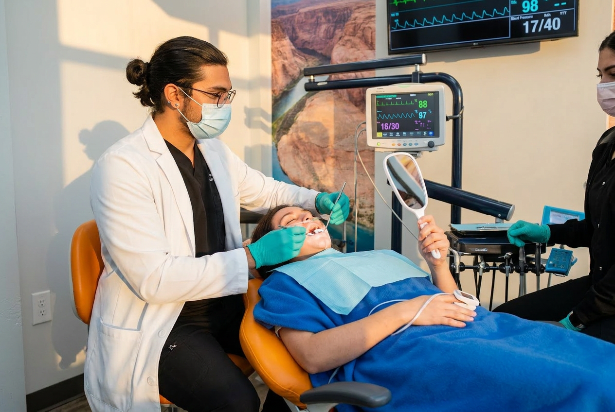 Dr. Karnik Shah performing a dental procedure on a female patient with a vital signs monitor visible in the background at Comfydent Smiles in Bee Cave, TX.