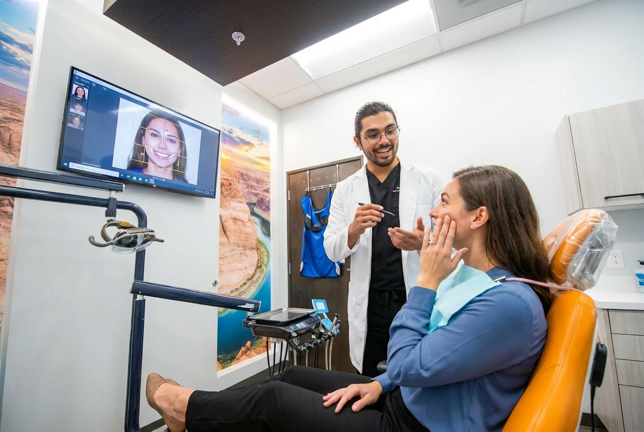 Dr. Karnik Shah showing a digital smile analysis on a wall-mounted screen to a smiling female patient during a TMJ and veneer consultation at Comfydent Smiles in Bee Cave, TX.
