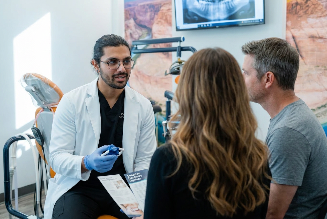 Dr. Karnik Shah discussing sedation dentistry options with a female and male patient using a printed brochure at Comfydent Smiles in Bee Cave, TX.
