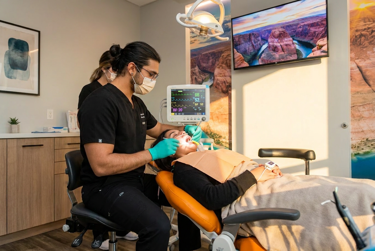 Dr. Karnik Shah performing a dental procedure on a sedated female patient with vital signs monitoring equipment and a panoramic x-ray visible in the background at Comfydent Smiles in Bee Cave, TX.