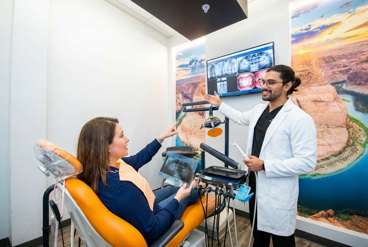 Dr. Karnik Shah pointing to x-ray images on a wall-mounted screen while a female patient holds a film x-ray and reviews her exam findings at Comfydent Smiles in Bee Cave, TX.