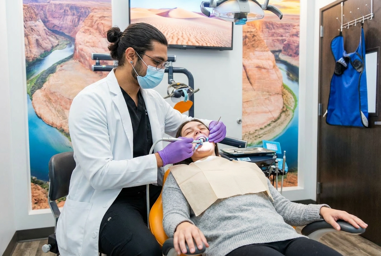 Dr. Karnik Shah performing a dental cleaning on a female patient in the treatment chair at Comfydent Smiles in Bee Cave, TX.