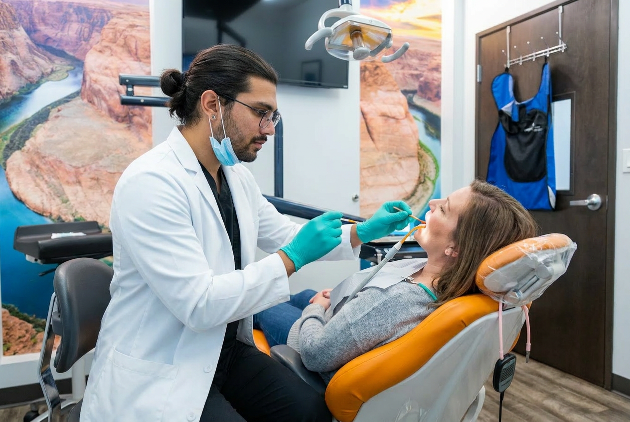 Dentist performing an oral rehabilitation consultation and treatment for a patient in a modern dental office