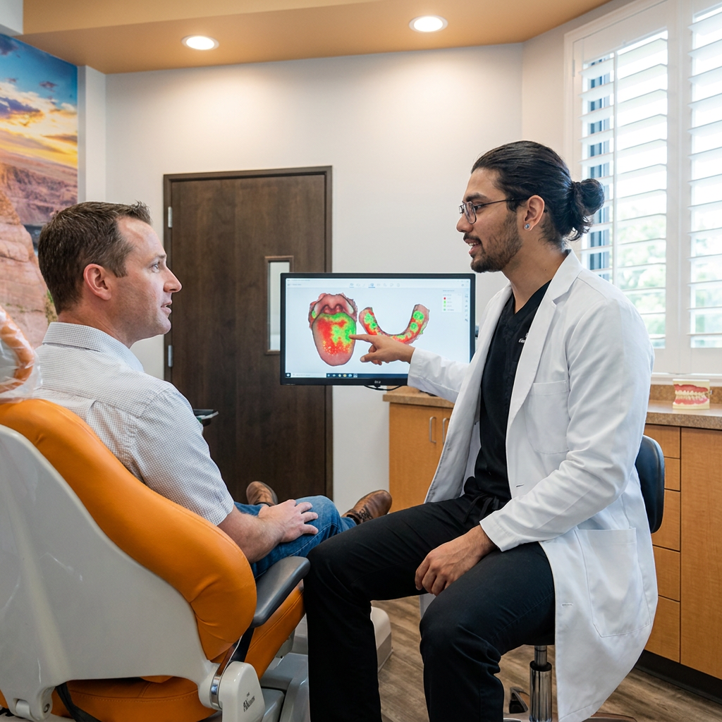 A ComfyDent Smiles dentist in Bee Cave explains a 3D oral scan to a patient during a halitosis treatment consultation.