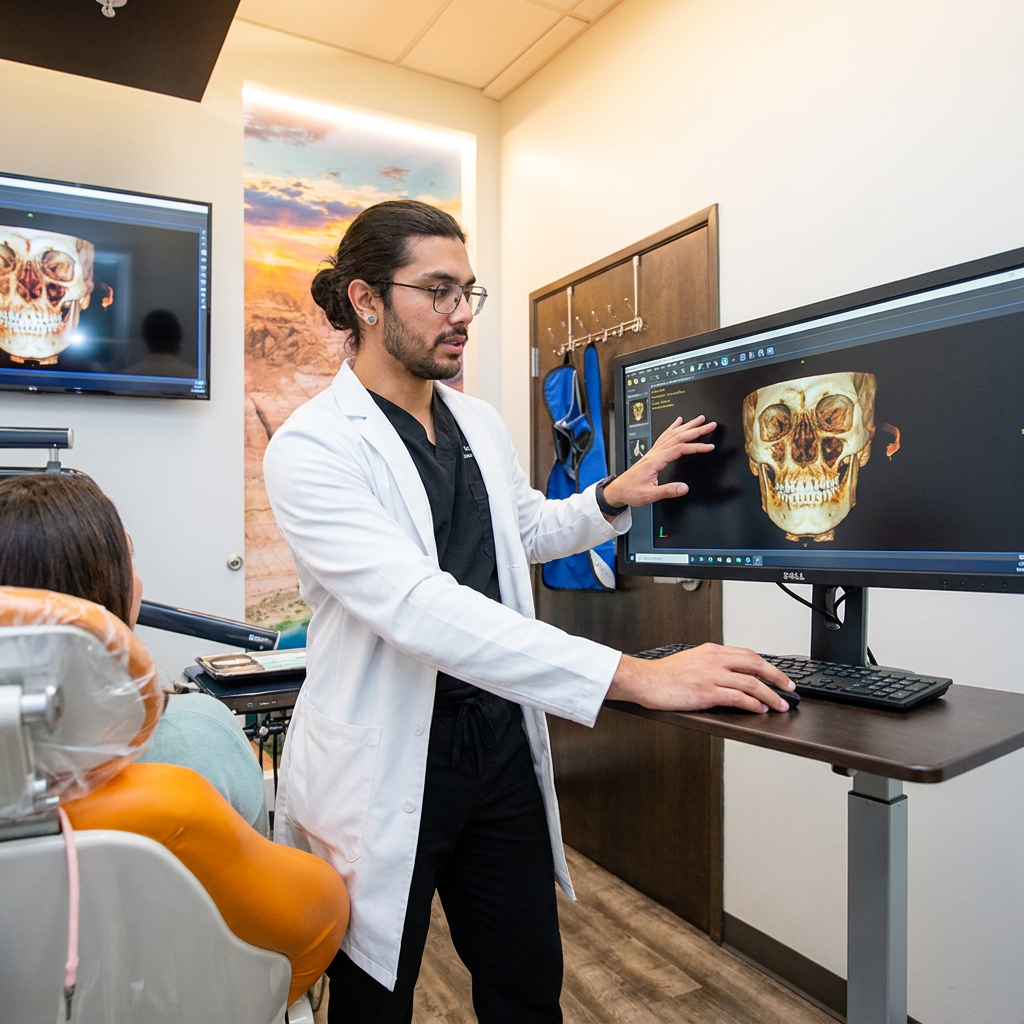 A dentist reviews a 3D CBCT jaw scan with a patient during a halitosis consult at ComfyDent Smiles in Bee Cave, TX.
