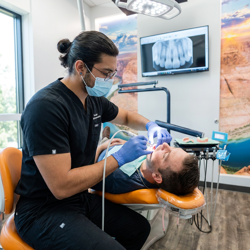 A ComfyDent Smiles dentist in Bee Cave uses an ultrasonic scaler on a patient to prepare for dentures during an exam.